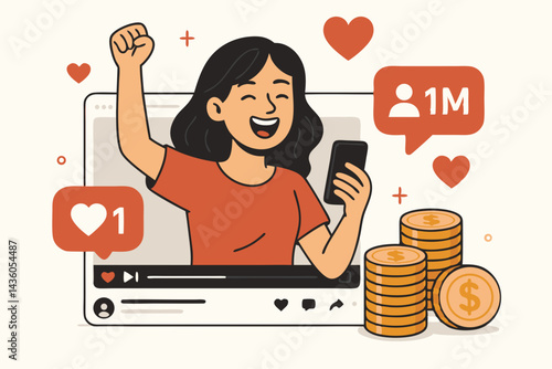Excited female social media influencer celebrates reaching 1 million followers milestone, holding smartphone with like and money icons, illustrating online success and monetization vector.