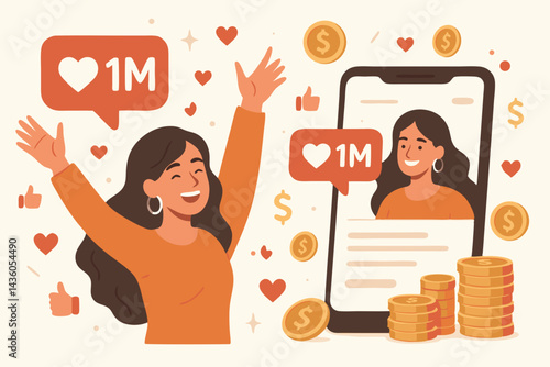Vector illustration of a successful influencer celebrating reaching one million followers. Woman happy about social media milestone, engagement, likes, hearts, and monetization income.