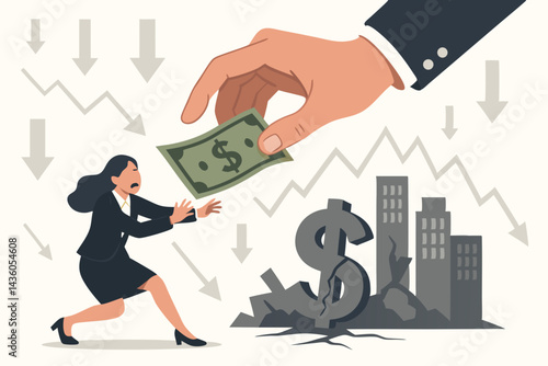 Financial crisis metaphor: Frightened female executive flees from offered cash as dollar sign crumbles, stocks plummet, and city buildings collapse in vector graphic.