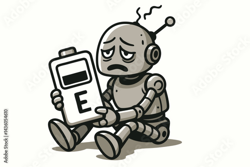 Grayscale vector illustration of a tired and dejected robot holding an empty 'E' battery icon, symbolizing low power, exhaustion, burnout, mental drain, and technology depletion.