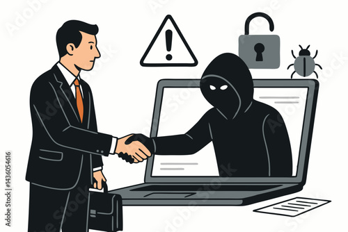 Businessman shaking hands with a hacker through a laptop screen, illustrating cybercrime risks, online scams, phishing dangers, malware threats, and digital security vulnerabilities concept.