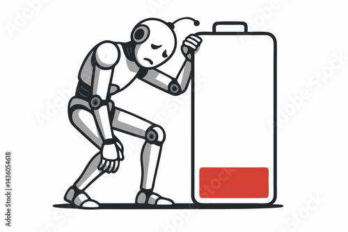 Exhausted Cartoon Robot with Critically Low Battery Indicator Vector Illustration. Sad Android Character Leaning, Symbolizing Burnout, Fatigue, Energy Depletion, and Need for Power Recharge.