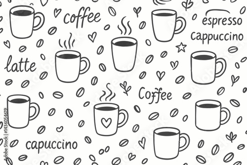 Hand drawn coffee doodle seamless pattern vector. Black and white sketch background with cups, mugs, beans, latte, espresso, cappuccino text. Ideal for cafe menus, wallpaper, or fabric prints.