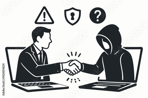Cybersecurity risk concept vector: Digital handshake between businessman and anonymous hacker via laptops, illustrating online danger, internet fraud, scams, and insecure deals.