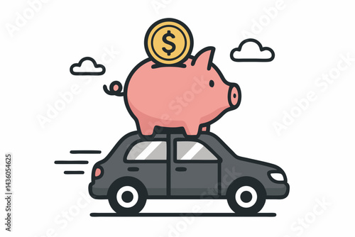 Piggy bank with dollar coin riding on a moving car roof, representing automotive savings, vehicle financing, car loan budget planning, and smart transportation investment illustration.