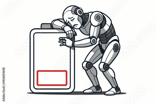 Exhausted cyborg resting on a critically low battery symbol, illustrating concepts of power drain, technological fatigue, AI burnout, and energy crisis in a modern vector art style.