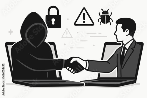 Risky digital partnership: Hacker in hoodie shakes hands with businessman through laptop screens, symbolizing cybersecurity threats, online fraud, malware, and internet danger vector illustration.