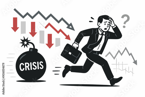 Stressed investor businessman escaping economic downturn, running from crisis bomb amid falling stock market charts, business failure panic concept vector illustration metaphor.