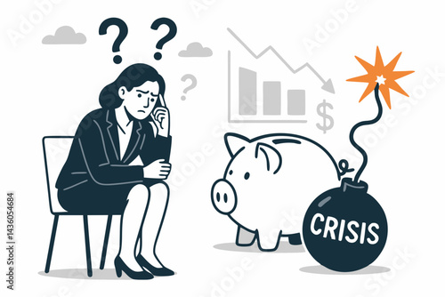 Financial crisis vector illustration: Worried businesswoman sitting beside a piggy bank time bomb and a declining graph, depicting economic recession, investment risk, and market uncertainty.