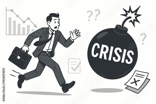 Vector illustration of a panicked businessman fleeing a giant crisis bomb metaphor, escaping financial recession, stock market decline, and business risk, monochrome cartoon concept design.