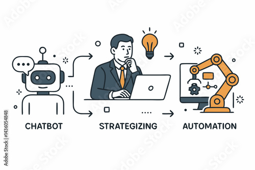 Modern Business Workflow Visualization: Line art vector concept illustrating the process flow from AI Chatbot interaction and human strategizing to robotic process automation implementation.