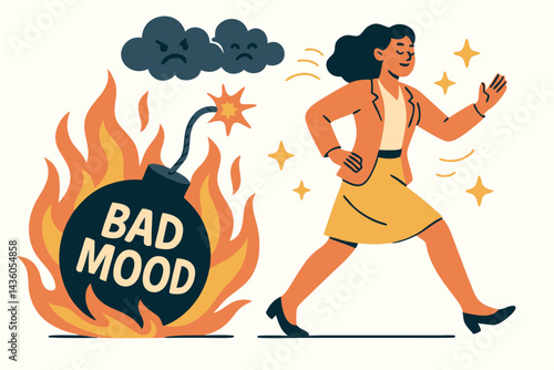 Cheerful woman escapes explosive bad mood bomb and stormy clouds, vector concept illustration of overcoming mental challenges, achieving positivity, resilience, and emotional wellbeing.