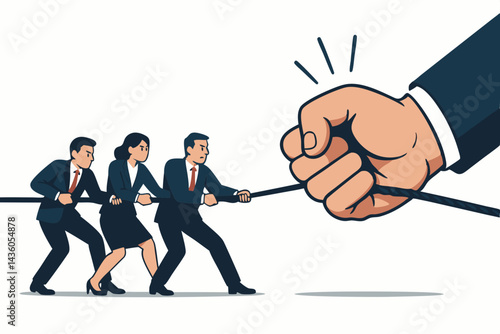 Vector graphic of a business team in suits engaged in a tug-of-war against a giant corporate hand, symbolizing market competition, power dynamics, business challenges, and team effort.