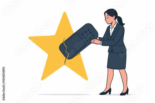 Businesswoman Repairing Broken Customer Satisfaction Star with Large Bandage, Rebuilding Trust and Improving Feedback Concept Illustration for Corporate Service Recovery and Client Relations