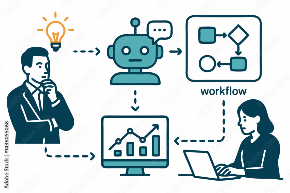 AI business workflow automation vector. Idea generation by man, chatbot processing, flowchart diagram, data analysis display, woman using laptop for interaction. Technology concept. AI business workflow automation vector. Idea generation by man, chatbot processing, flowchart diagram, data analysis display, woman using laptop for interaction. Technology concept.