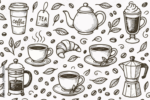 Monochrome Coffee and Tea Seamless Pattern Hand-Drawn Sketch Vector Illustration with Cups, Pots, Beans, Leaves, Croissant for Cafe Menu Background or Wallpaper Design.