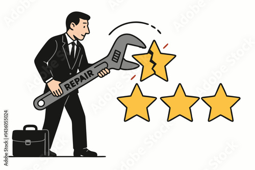 Executive in suit with briefcase uses large repair wrench to fix a cracked customer review star, illustrating service recovery, quality improvement, and rebuilding brand reputation. Vector.