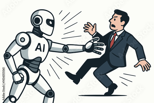 AI robot pushes scared businessman vector, depicting artificial intelligence impact, job displacement anxiety, workforce automation threat, future technology disruption, human vs machine conflict.