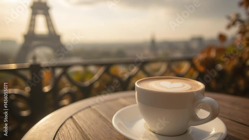 Morning Coffee with Eiffel Tower View and Soft Sunrise Glow