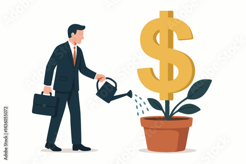 Vector illustration of a businessman with a briefcase watering a golden dollar sign plant in a pot, symbolizing nurturing investment growth, financial success, and wealth accumulation strategy.