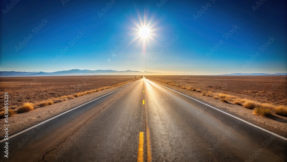 Fototapeta premium Asphalt ribbon cutting through a sun-drenched arid landscape, leading towards a distant mountain range under a brilliant blue sky