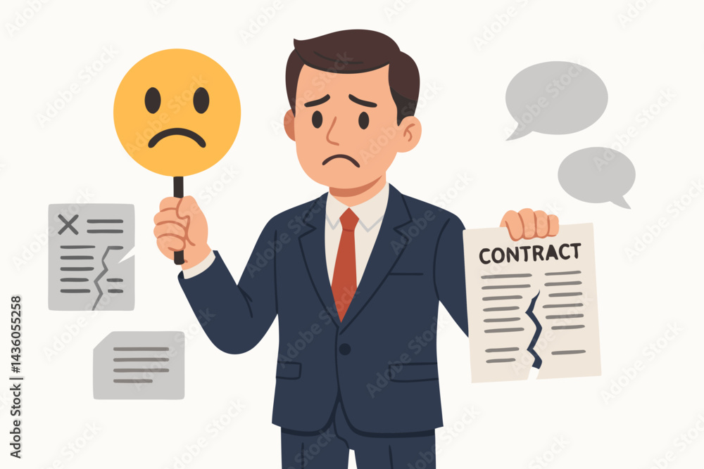Unhappy businessman character holding torn contract and sad emoji sign. Illustrates failed deal, broken agreement, business loss, partnership termination, project failure, disappointment. Vector. Unhappy businessman character holding torn contract and sad emoji sign. Illustrates failed deal, broken agreement, business loss, partnership termination, project failure, disappointment. Vector.