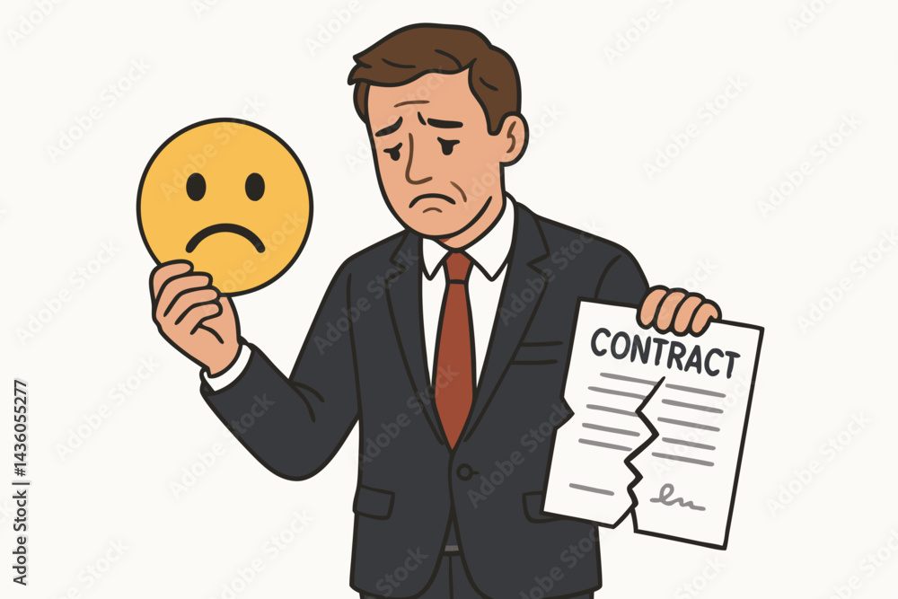 Disappointed businessman holding a torn contract and a sad face symbol, representing a failed deal, broken agreement, termination, business failure, and negative emotions vector graphic. Disappointed businessman holding a torn contract and a sad face symbol, representing a failed deal, broken agreement, termination, business failure, and negative emotions vector graphic.