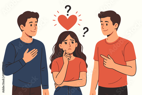 Love triangle vector illustration featuring a confused young woman choosing between two interested men, symbolizing relationship dilemma, difficult decision, and romantic uncertainty.