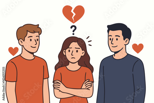 Love triangle dilemma illustrated with confused woman choosing between two men, featuring broken heart and question mark symbols depicting relationship conflict and difficult choice.