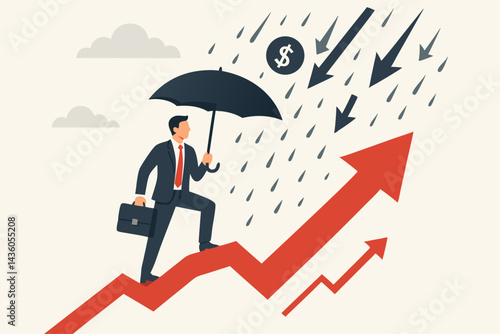 Navigating Market Volatility: Businessman with Briefcase and Umbrella Climbs Upward Arrow Graph, Shielding Investments from Financial Storm and Downturn Symbols. Vector Art.