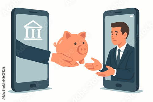 Online Banking Concept: Financial Institution Hand Offers Digital Piggy Bank Savings to Businessman on Smartphone Screen, Mobile Finance Transaction Illustration
