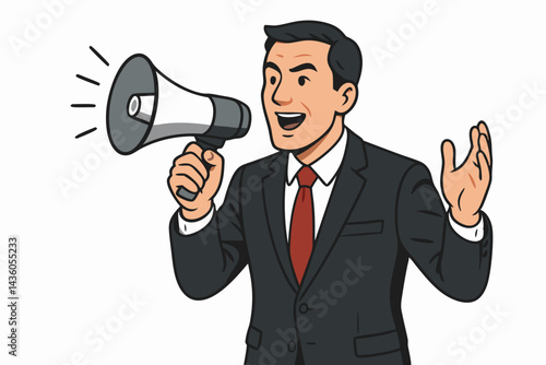 Confident businessman leader in suit and tie using a megaphone to make an announcement or give a motivational speech. Public speaking and communication concept vector illustration.