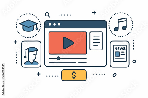 Online content streaming service concept illustration with icons for video, education, music, news, and monetization, representing a multimedia subscription platform vector graphic.