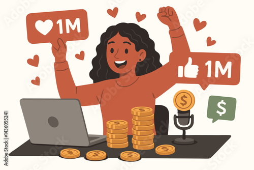 Successful female content creator achieves 1M social media milestone, celebrating financial income with laptop, podcast microphone, and gold coins vector illustration.
