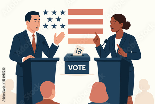 Political candidates debating during election campaign, man and woman speakers at podiums with American flag and ballot box, vector illustration for voting and democracy concept.