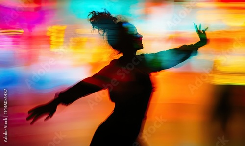 Woman dancing in vibrant colors during a lively urban festival at night