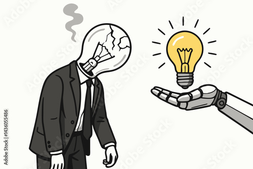 Overcoming burnout with AI: Robot hand gives fresh idea lightbulb to exhausted businessman with broken bulb head, concept for innovation and technology support.