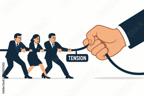 Flat vector illustration of a business team pulling a rope against a massive hand, depicting corporate tension, competition, struggle, and the fight against authority or market forces.