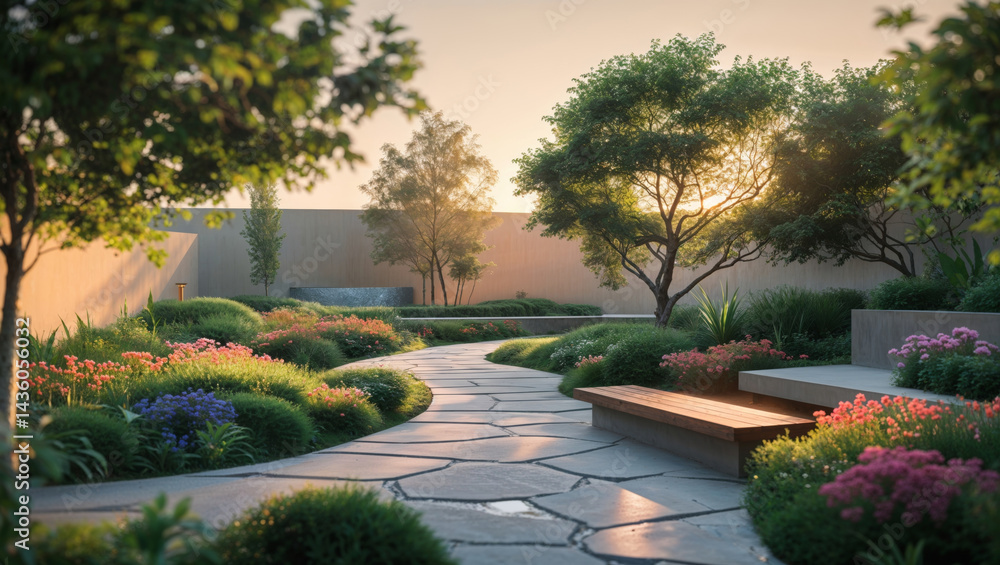 Fototapeta premium A picturesque garden scene with a stone pathway, flowers, and trees bathed in golden sunlight.