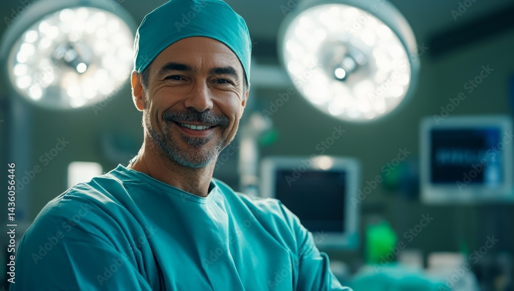 A skilled surgeon in scrubs and cap smiles warmly while standing in a well-equipped operating room filled with advanced medical technology. His confidence reflects dedication to patient care