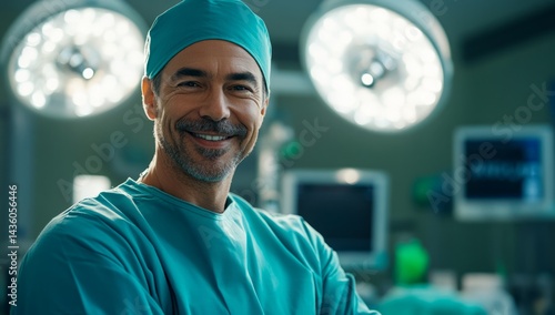 Obraz na płótnie A skilled surgeon in scrubs and cap smiles warmly while standing in a well-equipped operating room filled with advanced medical technology. His confidence reflects dedication to patient care w salonie