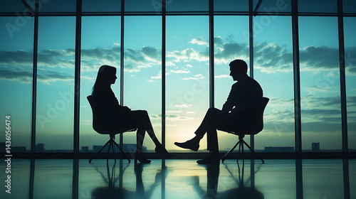 Silhouettes of two individuals engaged in discussion by a large window.