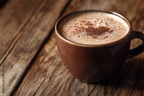 A steaming cup of homemade hot chocolate with frothy milk and a sprinkle of cocoa powder on top, placed on a rustic wooden table.