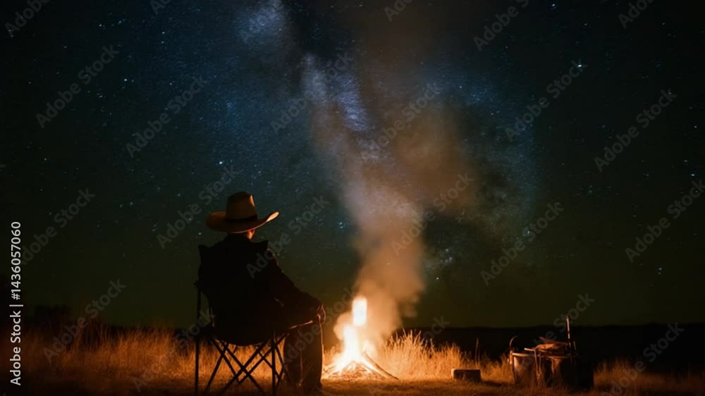 Starry Night Sky and Campfire with Silhouette of a Person Relaxing Starry Night Sky and Campfire with Silhouette of a Person Relaxing