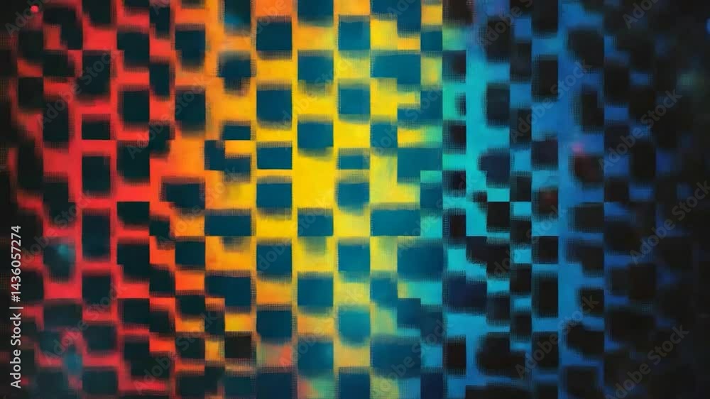 Abstract blue mosaic design features a seamless geometric pattern of colorful squares and tiles