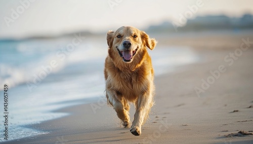 Obraz na płótnie A joyful dog runs freely on the sandy beach, splashing through gentle waves under a clear blue sky. The warmth of the sun enhances this cheerful moment w salonie