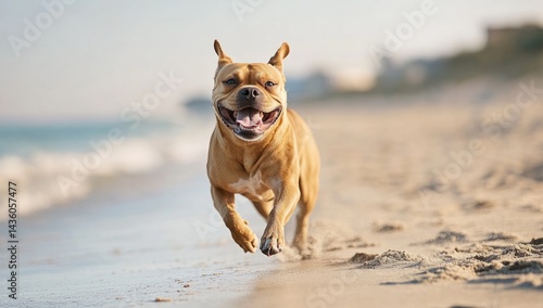 A cheerful dog sprints across a sandy beach, showcasing happiness and energy. This delightful moment captures the essence of a beautiful day by the shore, with soft natural light enhancing the scene