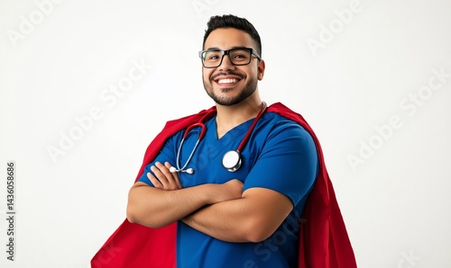 A happy male nurse poses with arms crossed, wearing blue scrubs and a red cape. His confident smile reflects pride in his profession as a healthcare hero on a clean white background