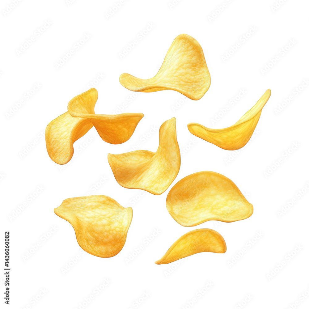several floating potato chips in various orientations. showcasing their curved shapes and golden color against a clean white background this visually appealing composition highlights the snack's textu several floating potato chips in various orientations. showcasing their curved shapes and golden color against a clean white background this visually appealing composition highlights the snack's textu