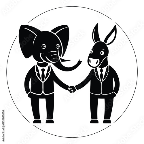 Elephant and Donkey Handshake Black Silhouette Symbolizing Political Cooperation